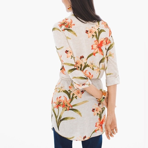 Chico's Spring Lily Utility Shirt Tunic Floral Button Up Roll Tab Sz M Vacation - Picture 3 of 15